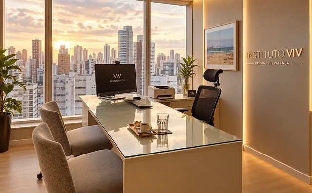Consultório com mesa de vidro e vista para a cidade