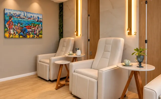 Ambiente com poltronas e quadro colorido