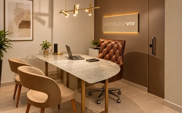 Consultório com mesa e cadeiras