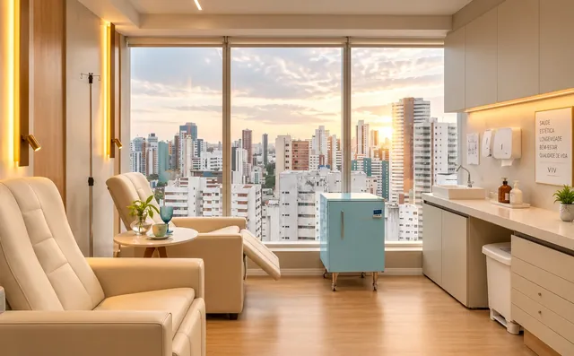 Sala com poltronas e vista para a cidade