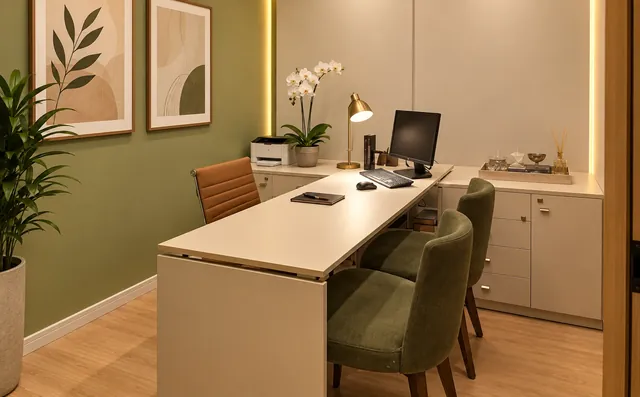 Ambiente de atendimento com mesa e plantas